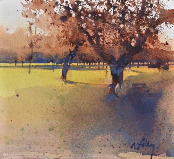 Arbres bleus, fond jaune